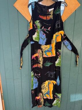 Black Animal Print Cold-Shoulder Maxi Dress, Vintage